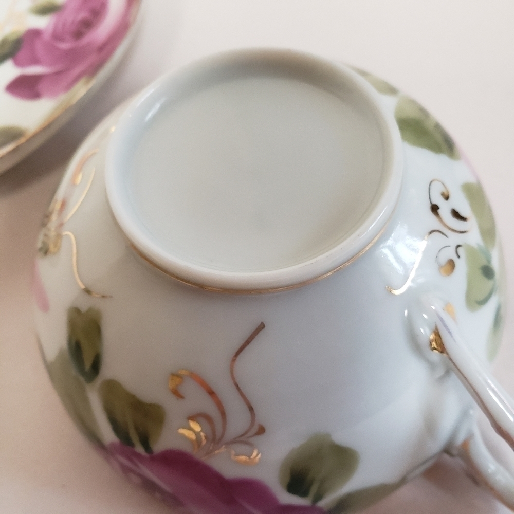 𝅺handpainted Nippon Cabbage Roses Gold Trim Tea Cup and Saucer Pink Purple - Picture 4 of 6